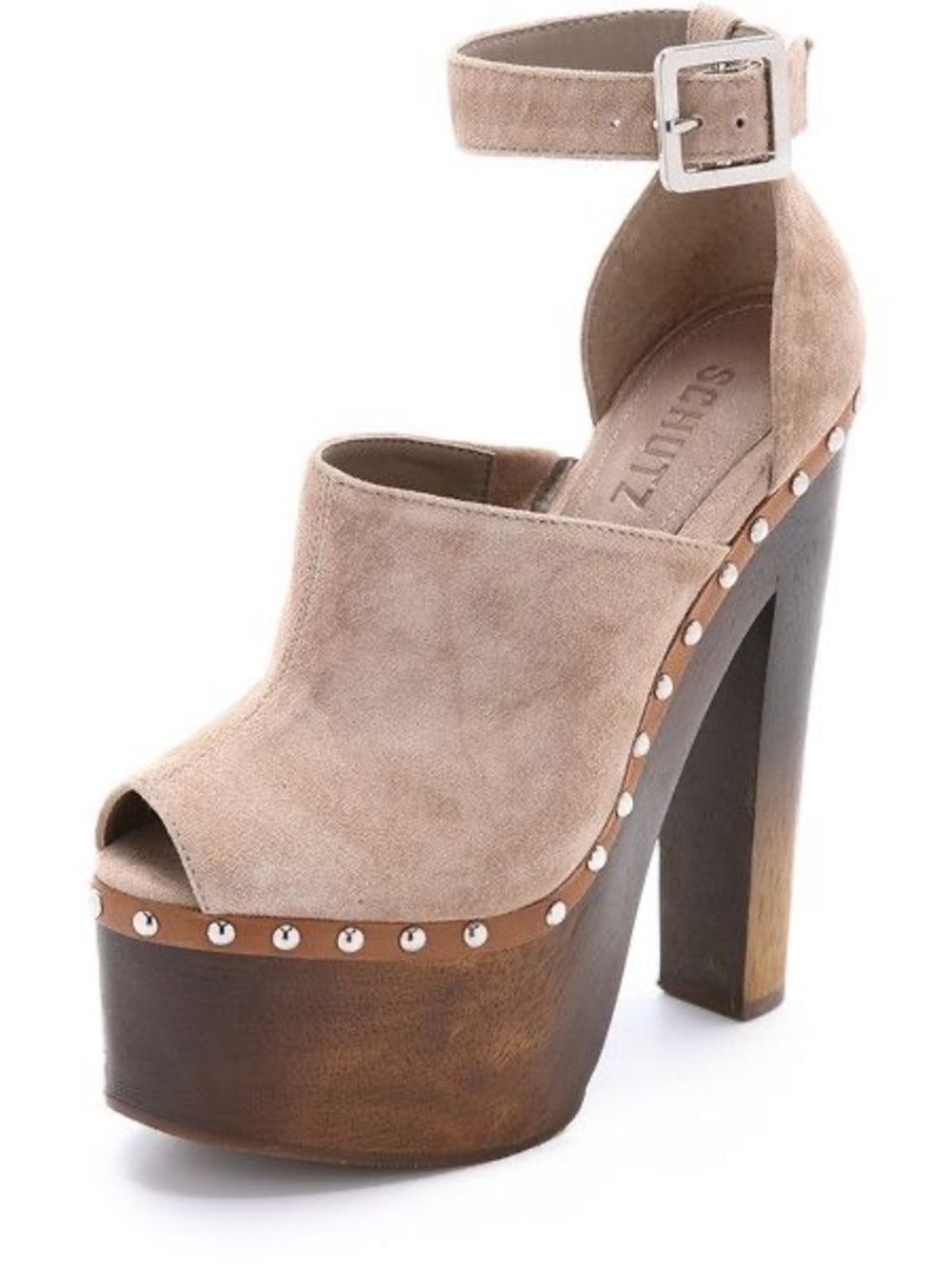 SCHUTZ Taupe Suede Platform Peep-Toe Ankle Strap Heels with Stud Trim